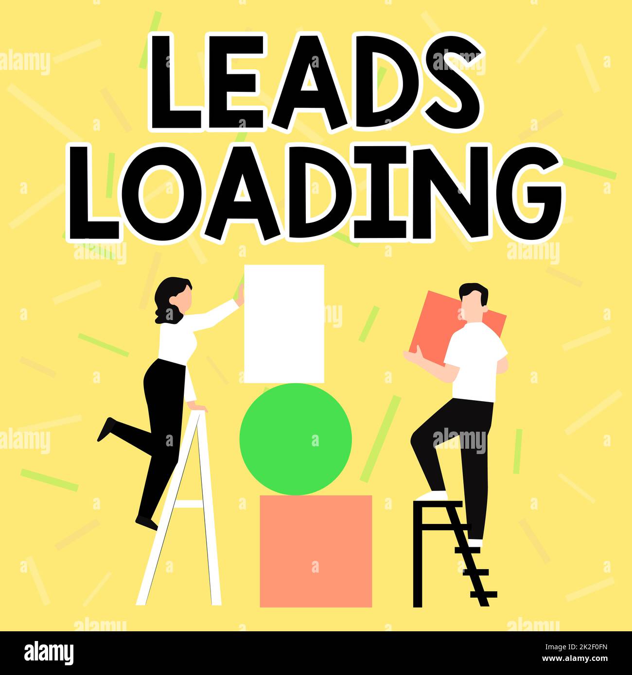 Sign displaying Leads Loading. Word for Initiating customer regards with the generating process Couple Drawing Using Ladder Placing Big Empty Picture Frames To A Wall. Stock Photo