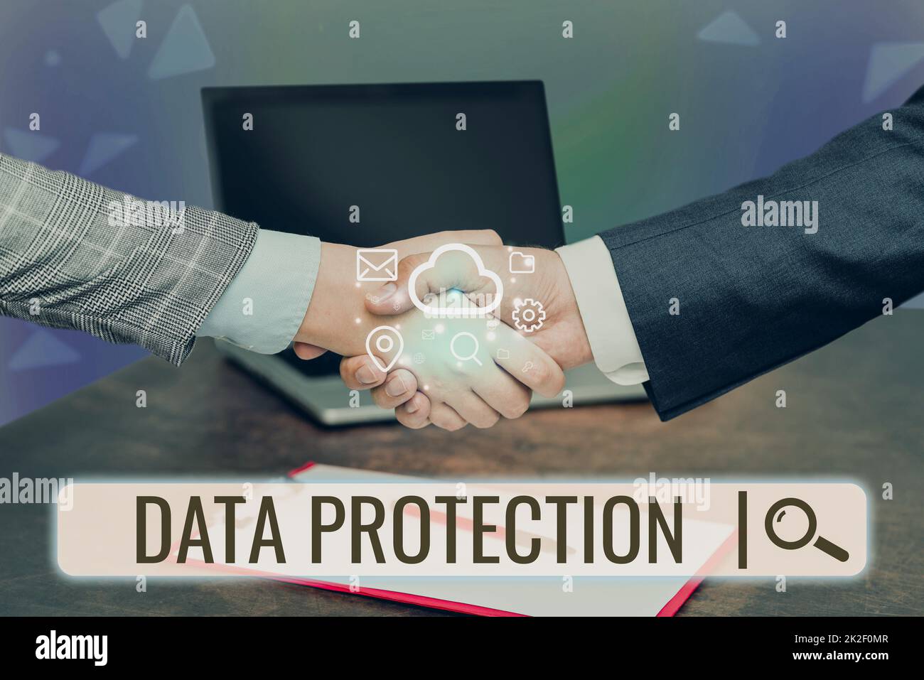Inspiration showing sign Data Protection. Business showcase Protect IP addresses and personal data from harmful software Hands Shaking Signing Contract Unlocking New Futuristic Technologies. Stock Photo