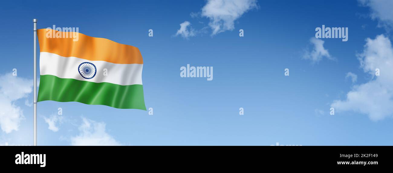 Indian flag isolated on a blue sky. Horizontal banner Stock Photo