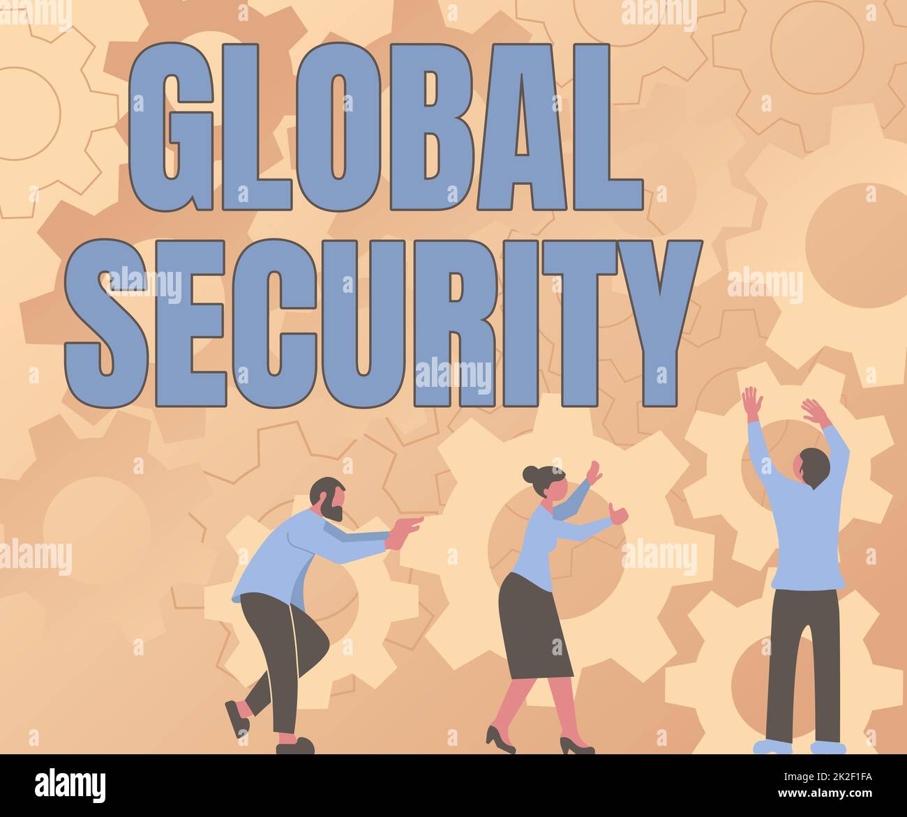 Writing displaying text Global Security. Word for protection of the world against war and other threats Colleagues Carrying Cogwheels Arranging New Workflow Achieving Teamwork. Stock Photo