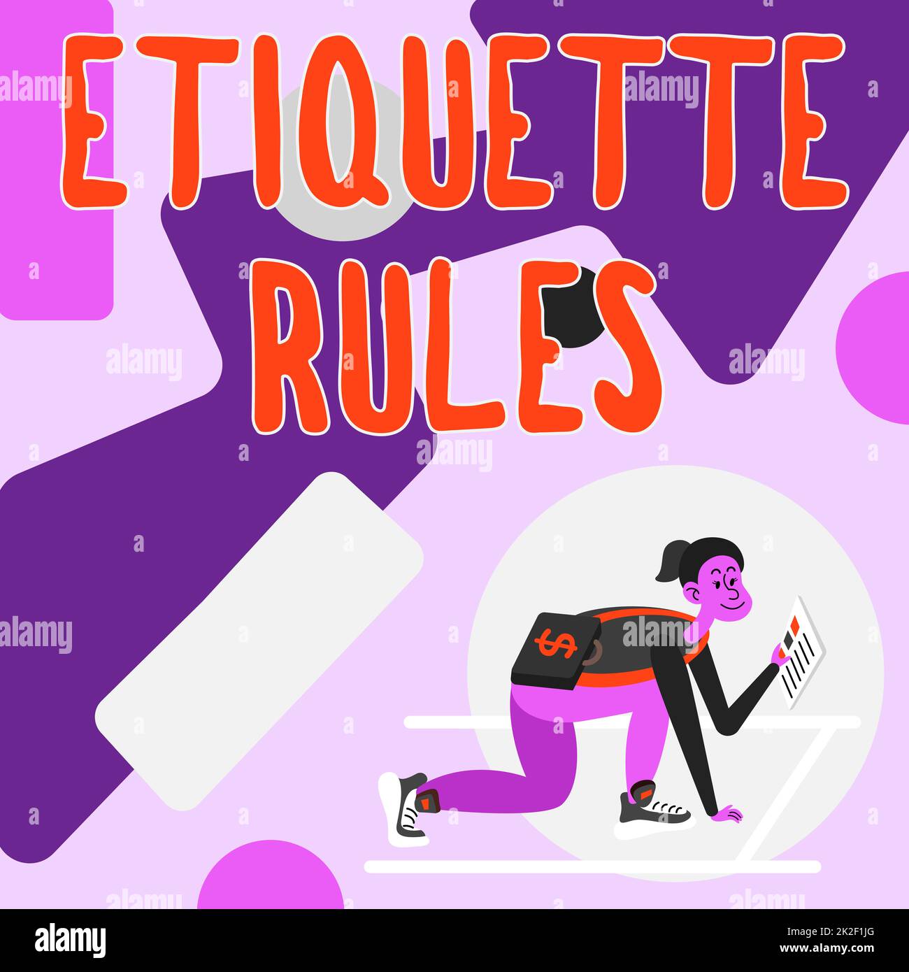 Text sign showing Etiquette Rules. Business concept customs that control accepted behaviour in social groups Woman Carrying Briefcase Reading Newspapers Preparing To Start Investing. Stock Photo