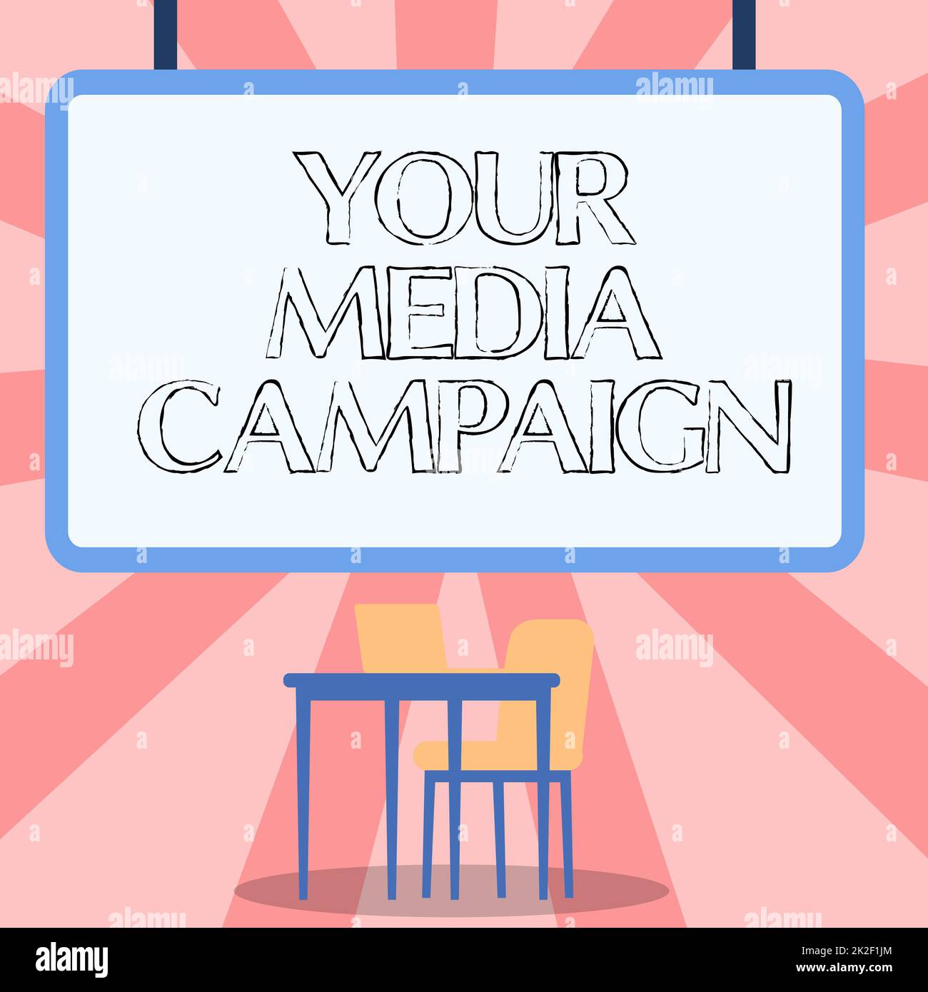 Text sign showing Your Media Campaign. Word Written on Your Media Campaign Blank Whiteboard With Laptop Placed On Top Of Table With Chair. Stock Photo