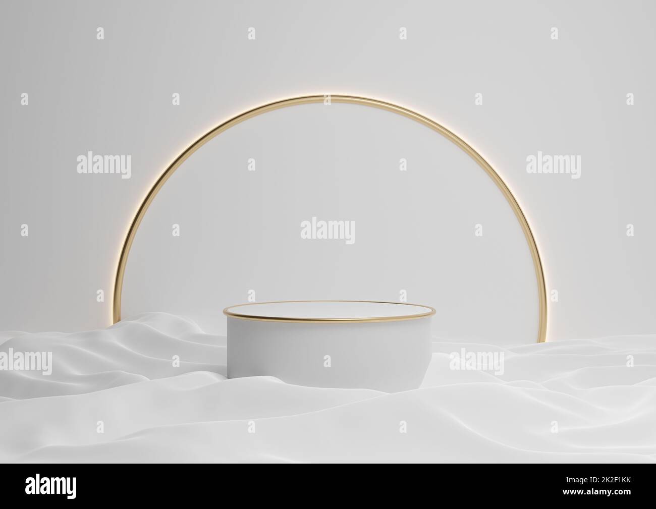White, light gray, black and white 3D rendering luxurious product display podium or stand minimal composition with golden arch line in background and light Stock Photo
