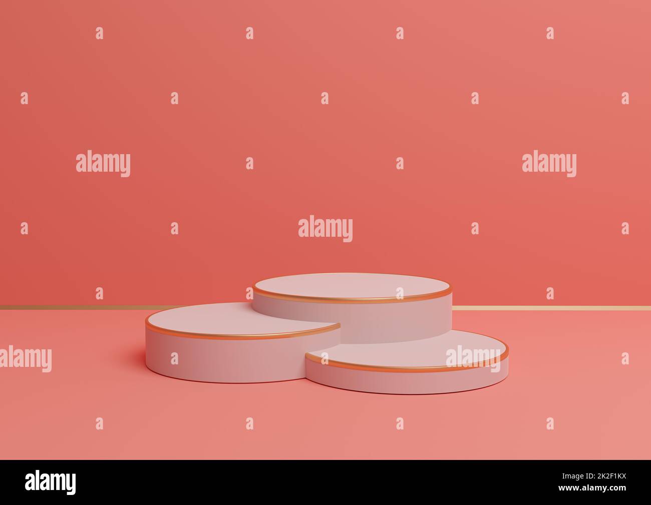 Bright, neon, salmon pink 3D rendering simple product display with three podiums or stand with golden line minimal background composition for luxurious products Stock Photo