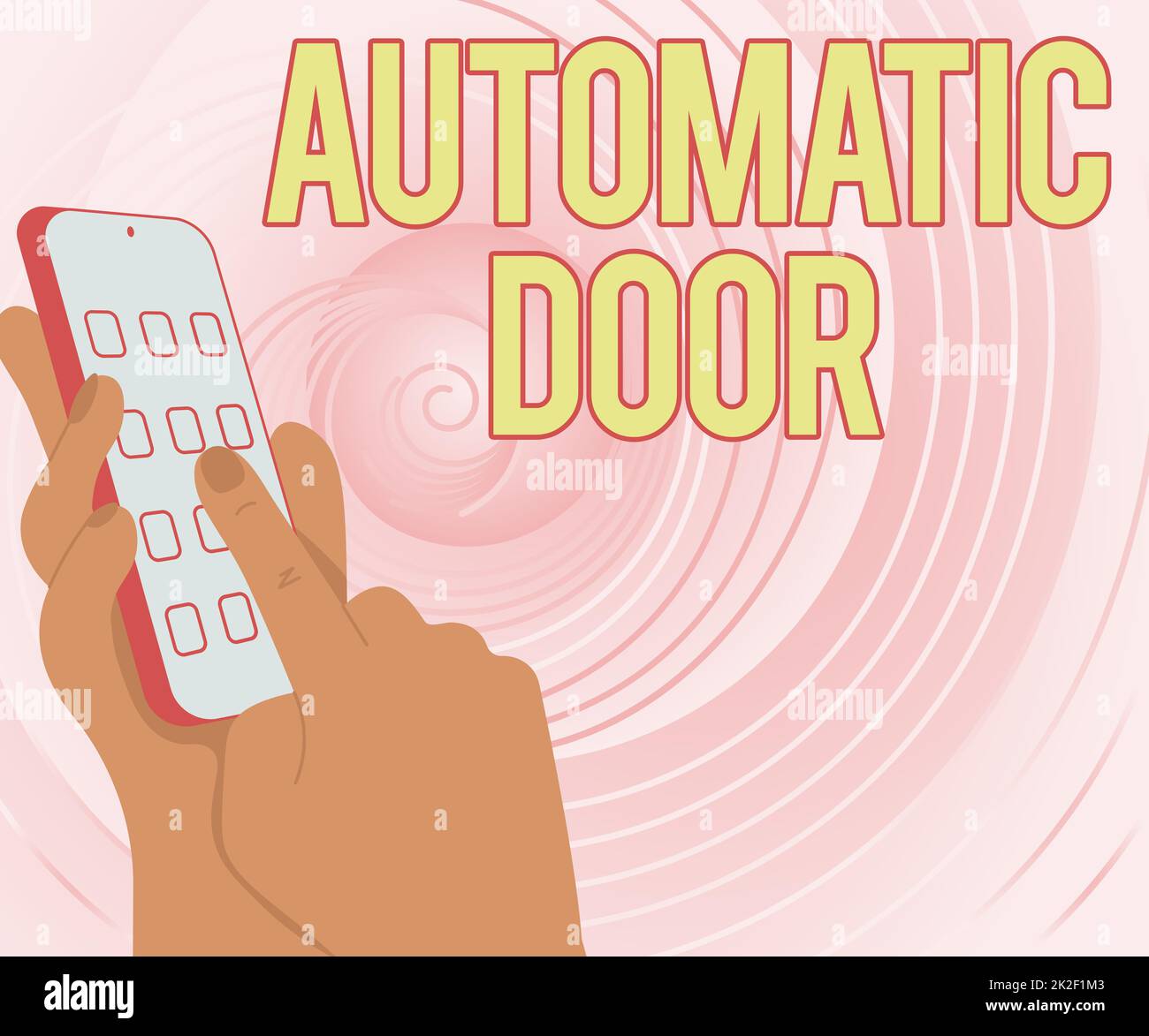Writing displaying text Automatic Door. Conceptual photo opens automatically when sensing the approach of a person Hands Holding Technological Device Pressing Application Button. Stock Photo