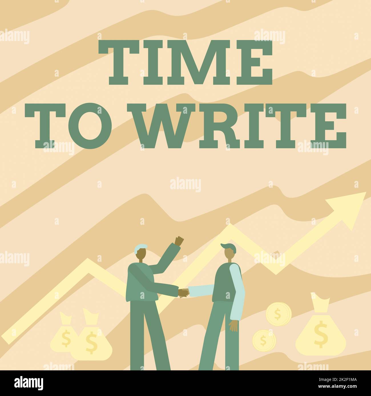 Text showing inspiration Time To Sleep. Business overview a natural period of slumber or to be in state of inactivity Two Men Standing Shaking Hands With Financial Arrow For Growth And Money Bags. Stock Photo