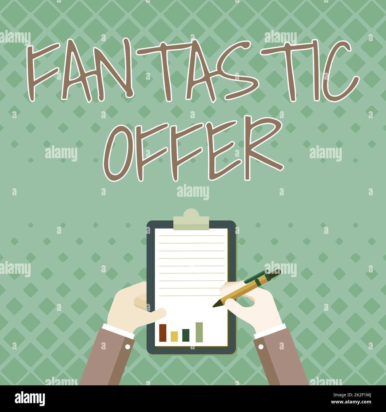Text showing inspiration Fantastic Offer. Business approach the seller accepts offers and is willing to negotiate Business Associate Holding Clipboard Documenting Reports With Pen. Stock Photo