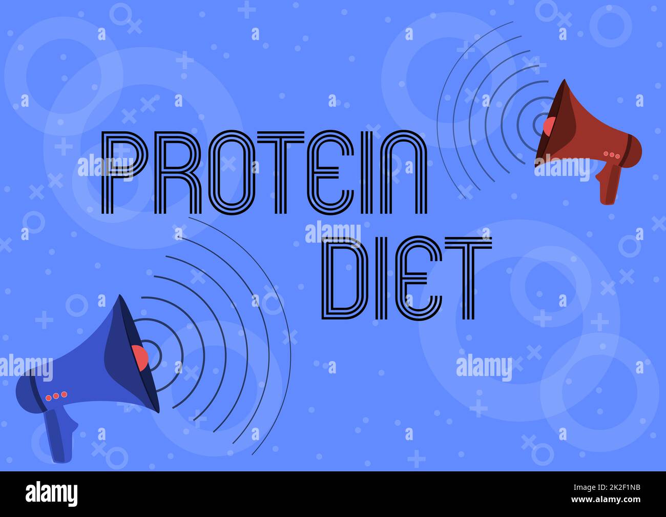 Conceptual caption Protein Diet. Business concept low in fat or carbohydrate consumption weight loss plan Pair Of Megaphones Drawing Producing Sound Waves Making Announcement. Stock Photo