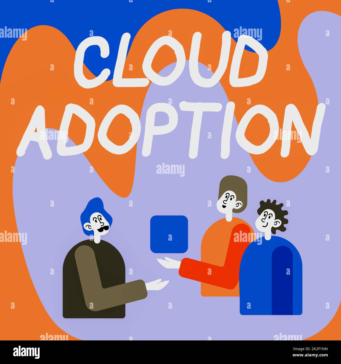 Text sign showing Cloud Adoption. Concept meaning strategic move by organisations of reducing cost and risk Colleagues Displaying Cube Representing Teamwork Discussing Future Project. Stock Photo