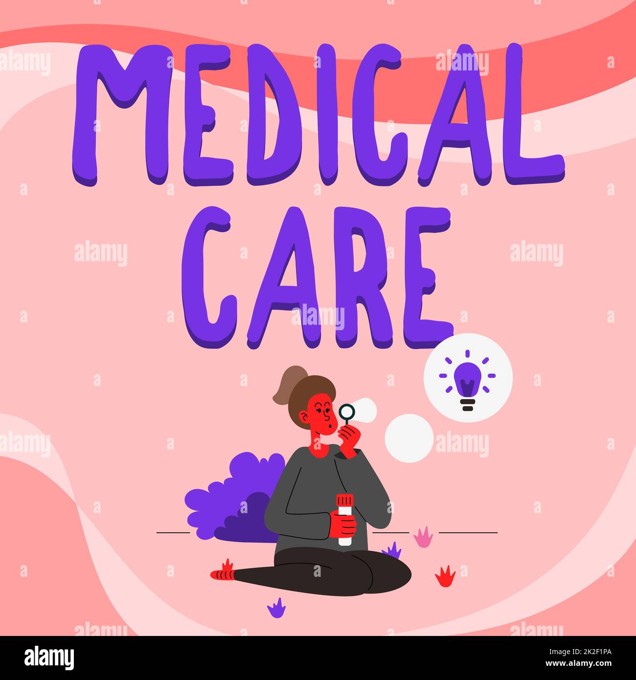 Writing displaying text Medical Care. Business approach services related to the maintenance of health and treatment Lady Sitting In Park Blowing Balloons Thinking Of New Thoughts With Idea Lamp. Stock Photo