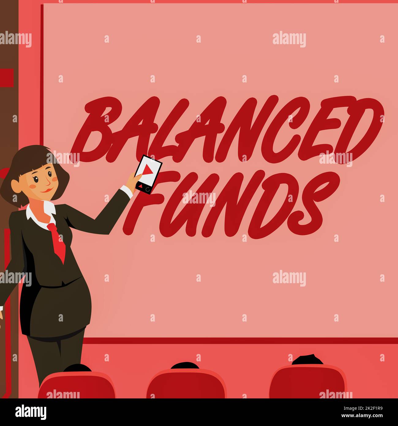 Writing displaying text Balanced Funds. Business idea hybrid mutual fund that combines different securities Woman Holding Remote Control Presenting Newest Ideas On Backdrop Screen. Stock Photo