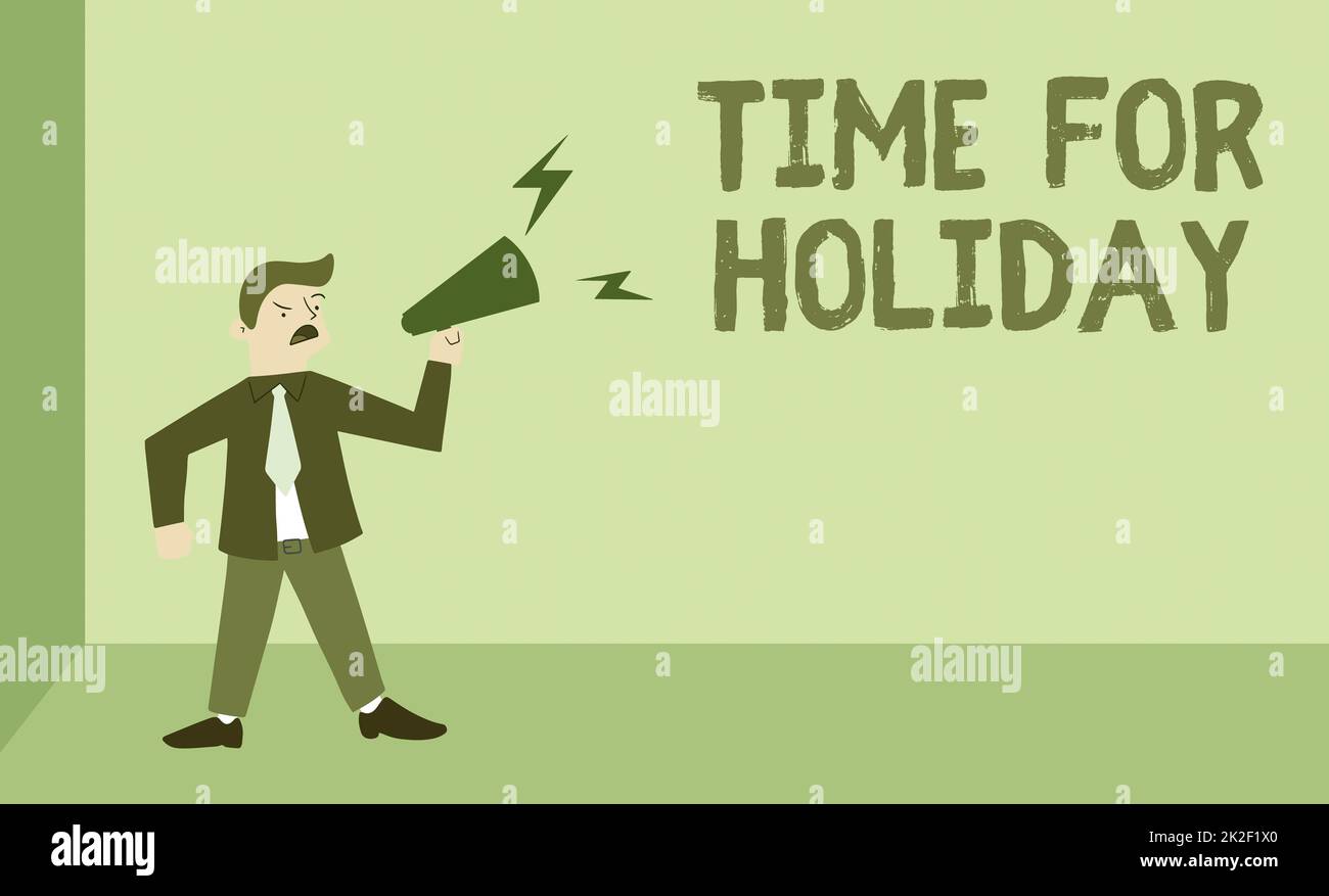 Text sign showing Time For Holiday. Business idea telling someone that this moment for resting Summer Beach Man Standing Shouting Over Megaphone Presenting New Announcment. Stock Photo