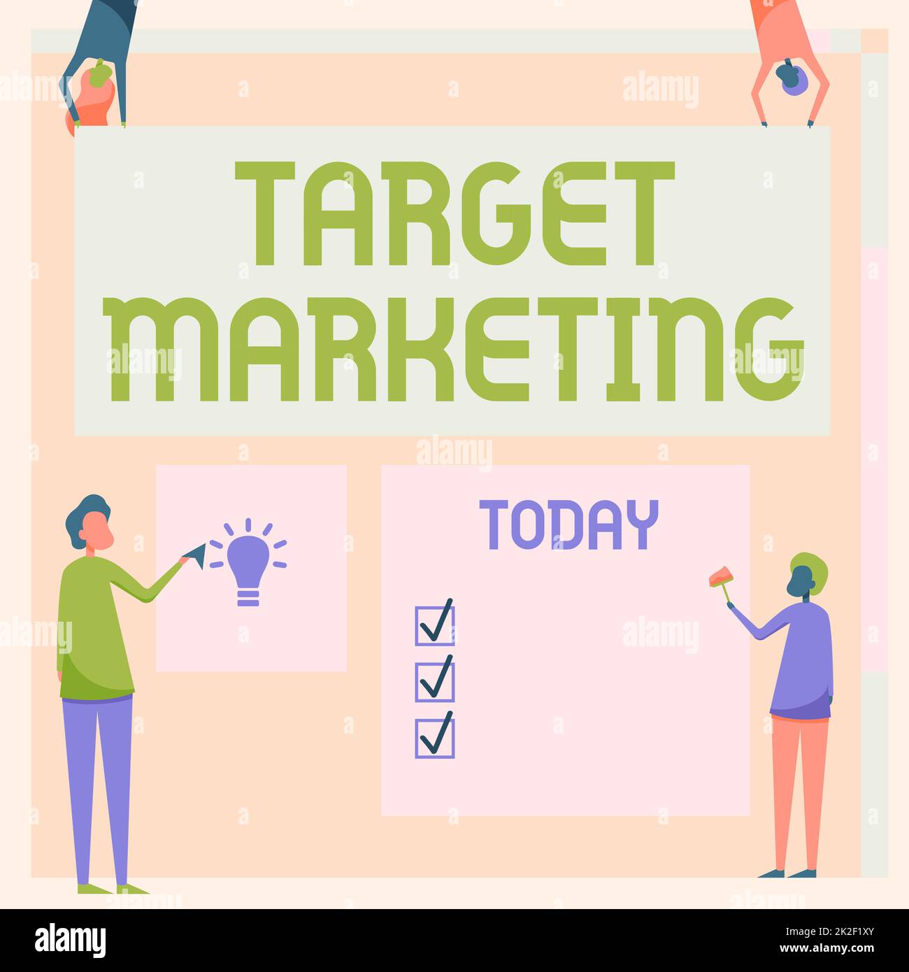 Text sign showing Target Marketing. Concept meaning Market Segmentation Audience Targeting Customer Selection Four Colleagues Drawing Standing Holding Different Sized Blank Sheet. Stock Photo