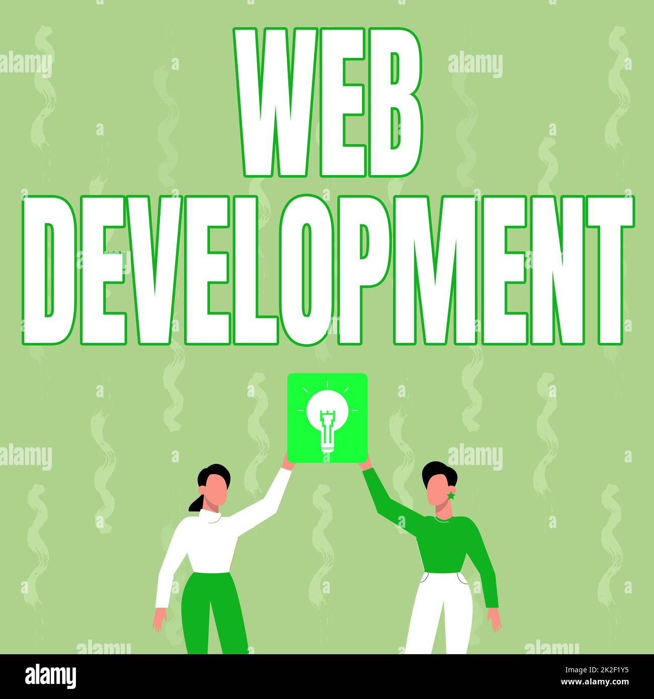 Hand writing sign Web Development. Business showcase Web Development Two Colleagues Holding Lamp Presenting New Achievement Reached. Stock Photo