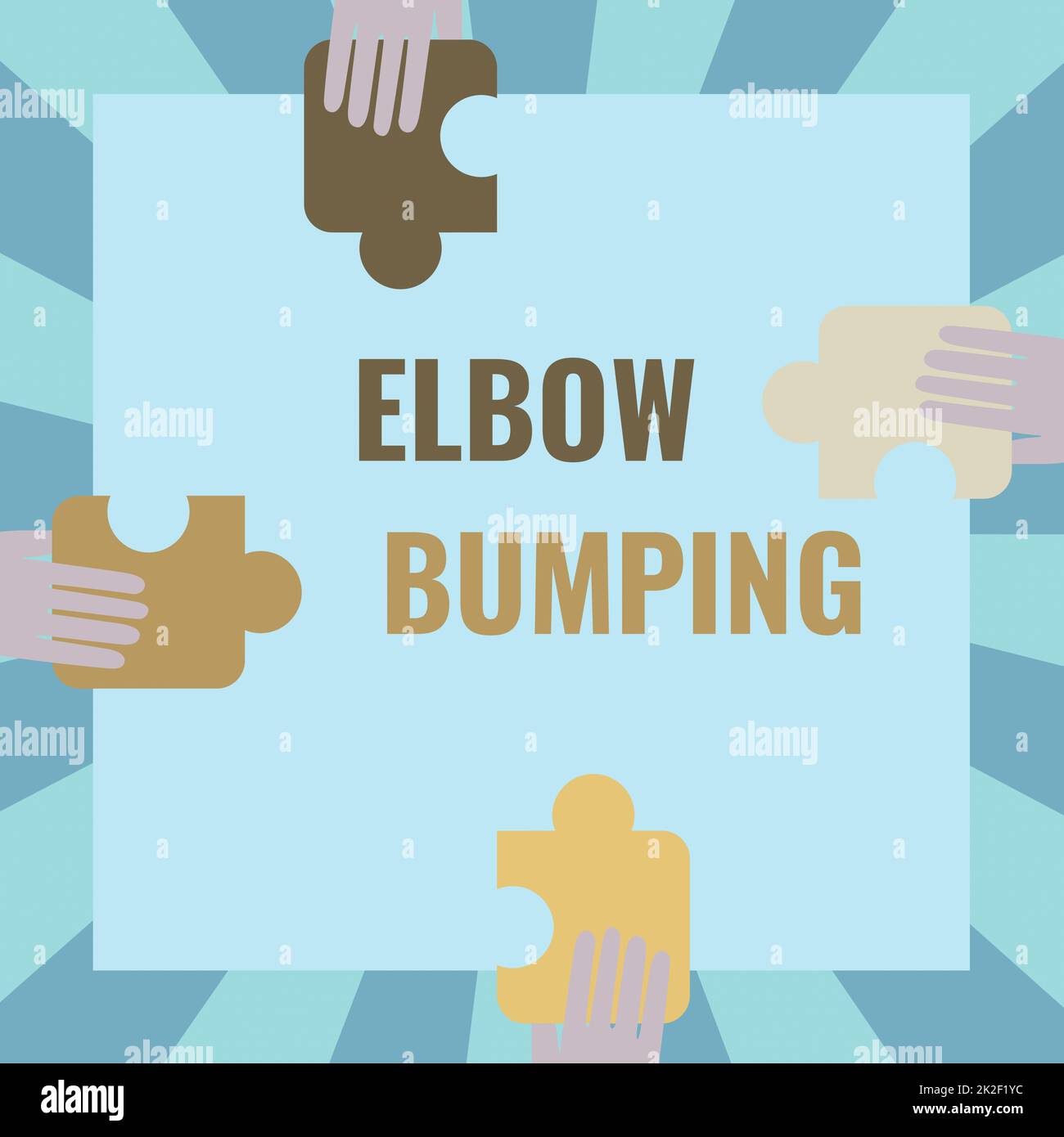 Handwriting text Elbow Bumping. Business idea newlytrended handshake where two individual touch elbows Illustration Of Hands Holding Puzzle Pieces Each Sides Of Box. Stock Photo