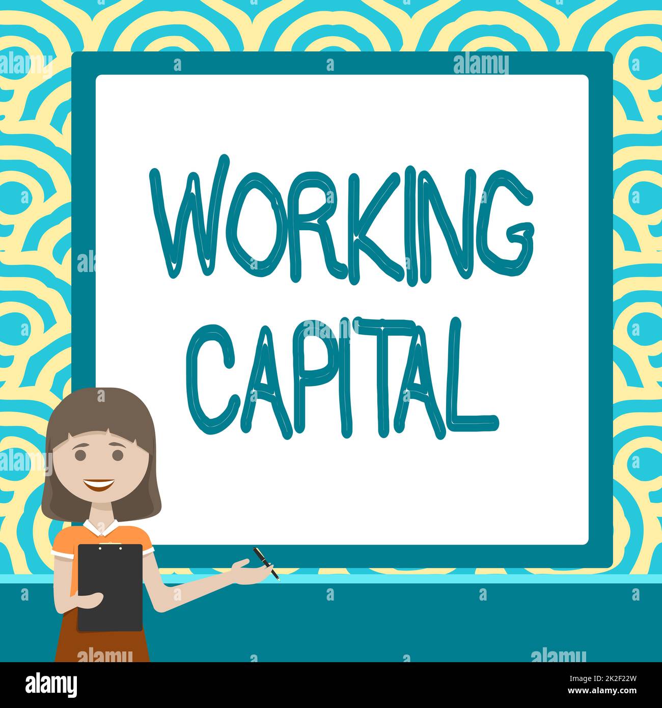 Inspiration showing sign Working Capital. Internet Concept Working Capital Lady Drawing Standing Holding Clipboard Presenting New Ideas To Team Stock Photo