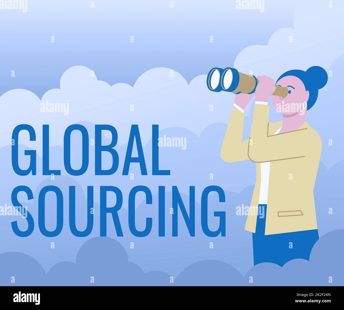 Text caption presenting Global Sourcing. Internet Concept practice of sourcing from the global market for goods Woman Looking Through Hand Held Telescope Seeing New Opportunities. Stock Photo