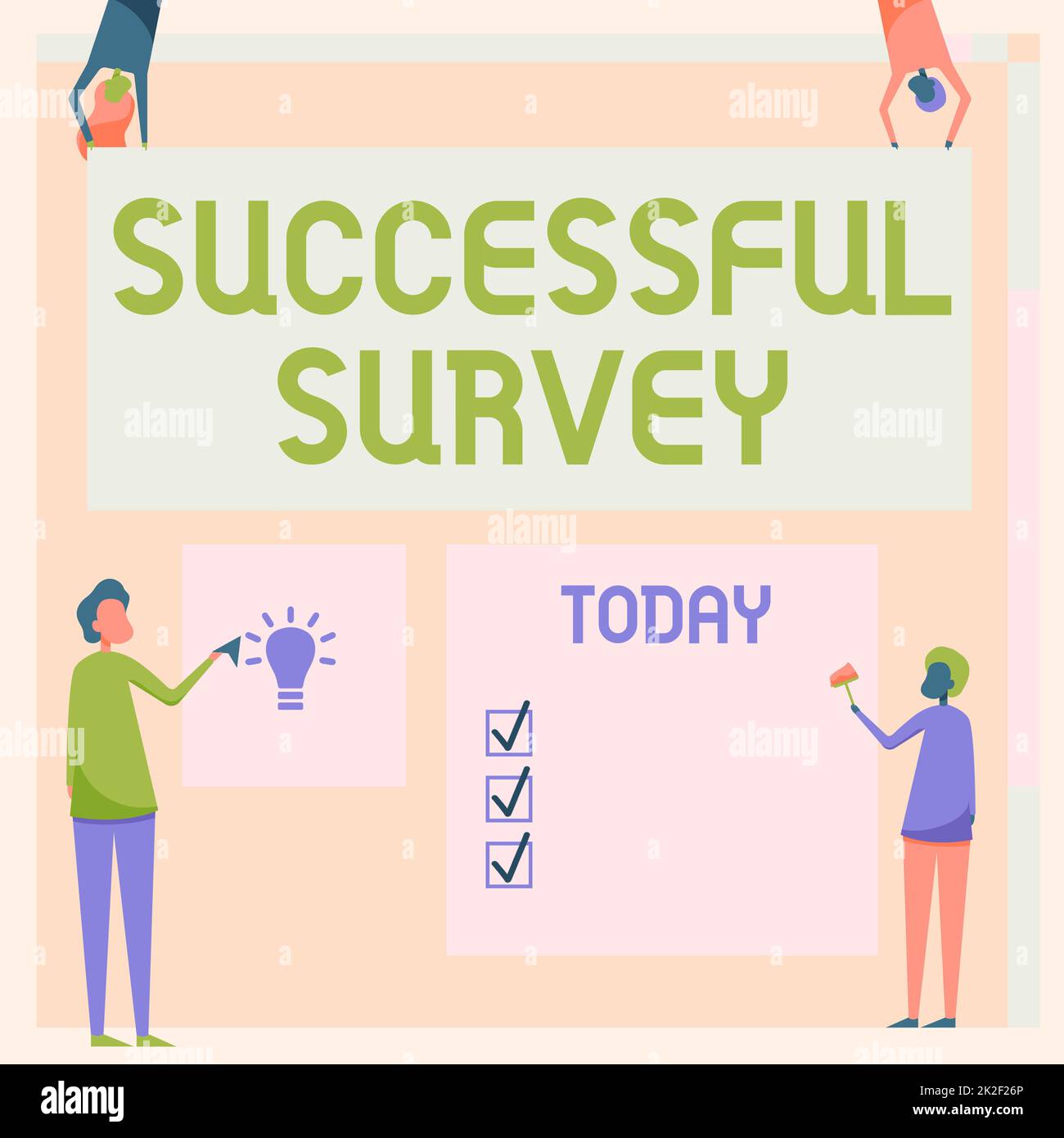 Text showing inspiration Successful Survey. Word for measure of opinions or experiences of a group of showing Four Colleagues Drawing Standing Holding Different Sized Blank Sheet. Stock Photo