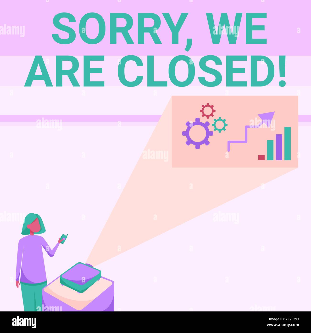 Sign displaying Sorry, We Are Closed. Word for apologize for shutting off business for specific time Lady Standing Holding Projector Remote Control Presenting Graph Growth. Stock Photo