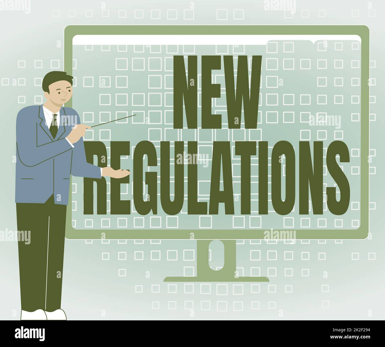 Conceptual display New Regulations. Word Written on Regulation controlling the activity usually used by rules. Businessman Standing Presenting Charts Wonderful Ideas On Computer Screen Stock Photo