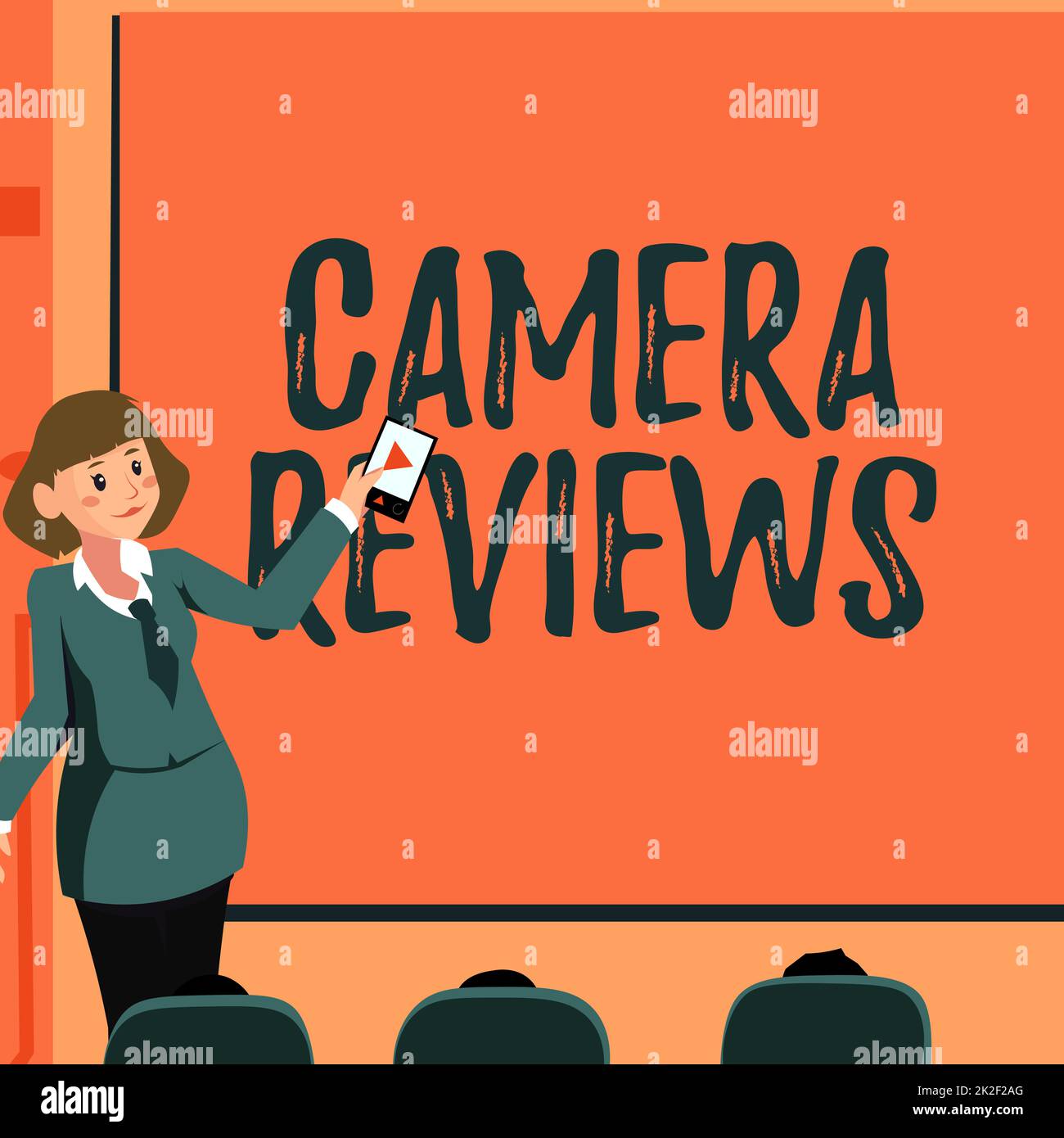 Text caption presenting Camera Reviews. Business idea examine or assess formally with the possibility to change Woman Holding Remote Control Presenting Newest Ideas On Backdrop Screen. Stock Photo