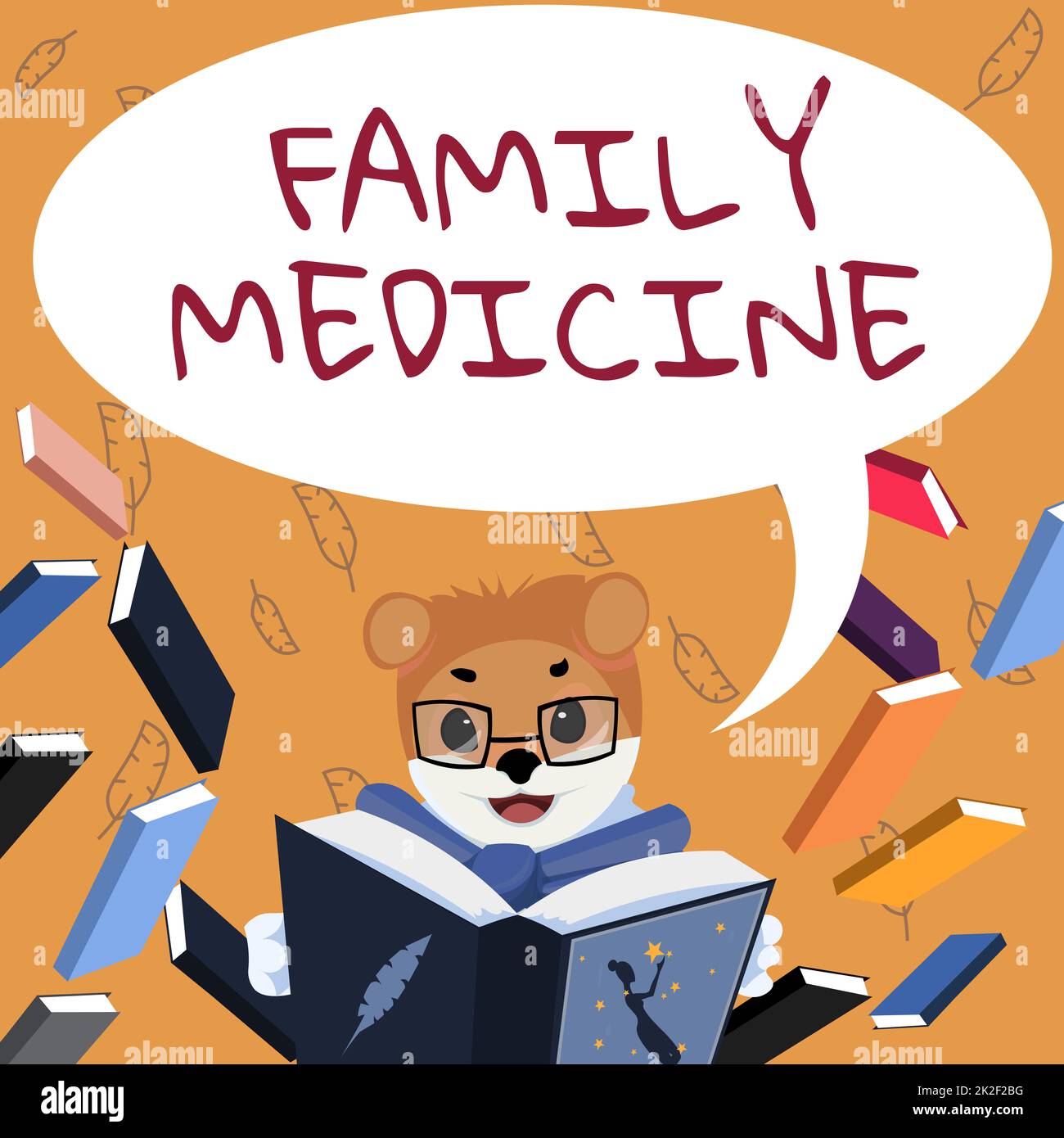 Text sign showing Family Medicine. Business concept designed to provide basic healthcare to family members Fox With Glasses Sitting In Library Reading A Book Studying. Stock Photo