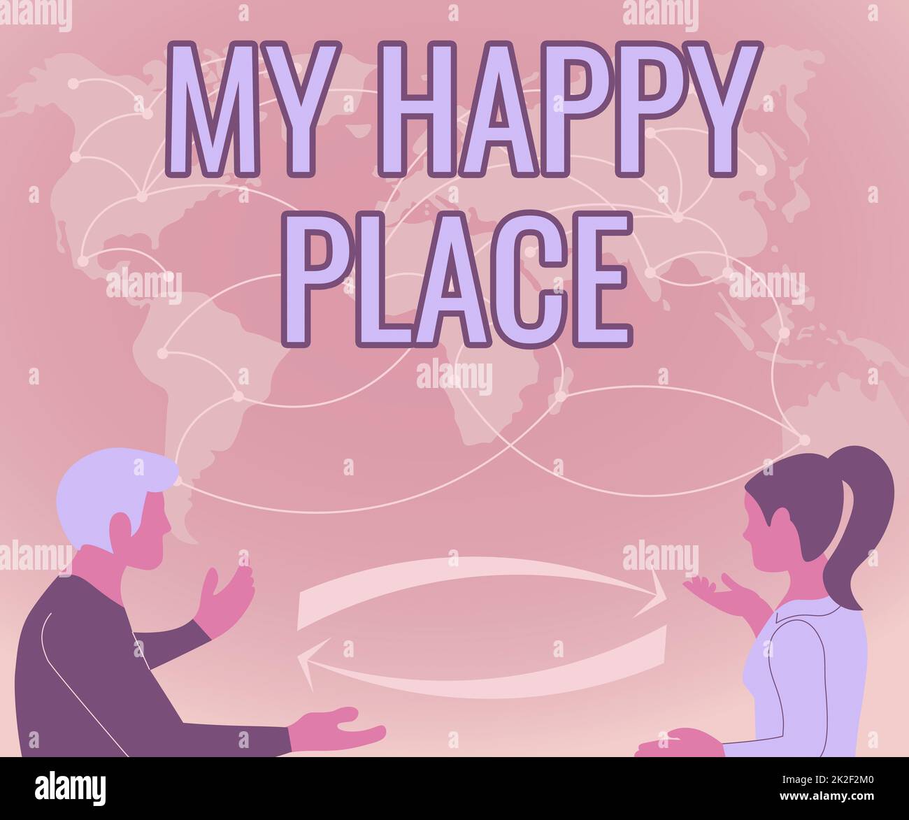 Inspiration showing sign My Happy Place. Business approach Space where you feel comfortable happy relaxed inspired Two Teammates Discussing New Ideas World Map Brainstorming New Solutions. Stock Photo