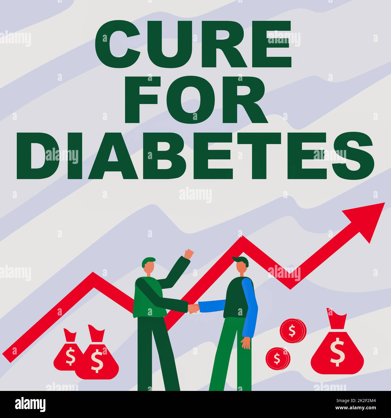 Handwriting text Cure For Diabetes. Business approach improving sensitivity of your body tissues to insulin Two Men Standing Shaking Hands With Financial Arrow For Growth And Money Bags. Stock Photo