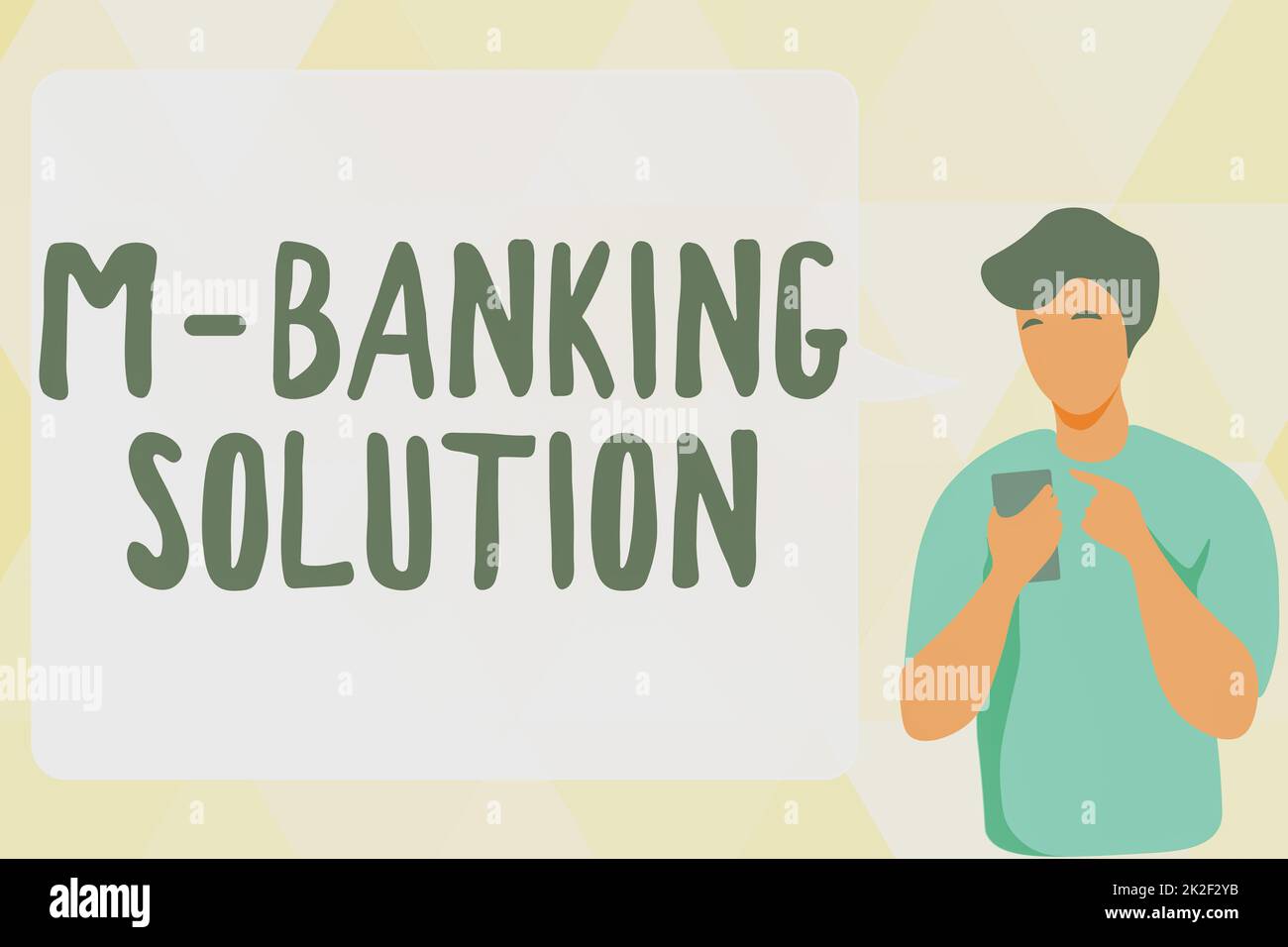Conceptual caption M Banking Solution. Business approach accessed banking through an application on the smartphone Man Illustration Using Mobile And Displaying Speech Bubble Conversation. Stock Photo