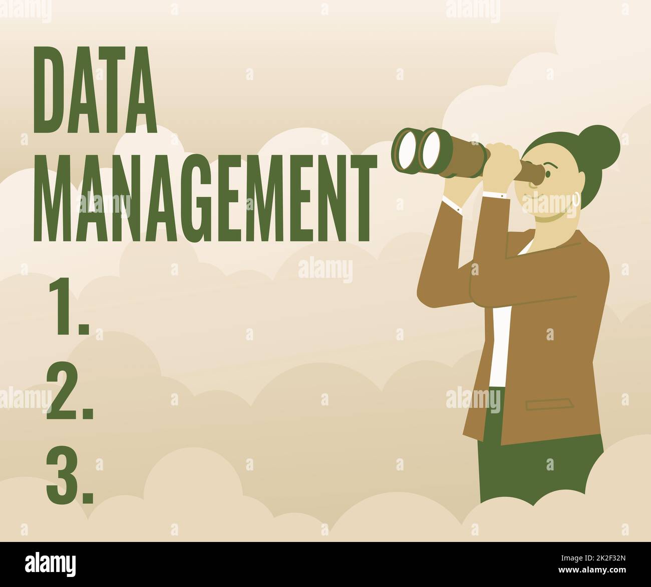 Handwriting text Data Management. Business concept The practice of organizing and maintaining data processes Woman Looking Through Hand Held Telescope Seeing New Opportunities. Stock Photo