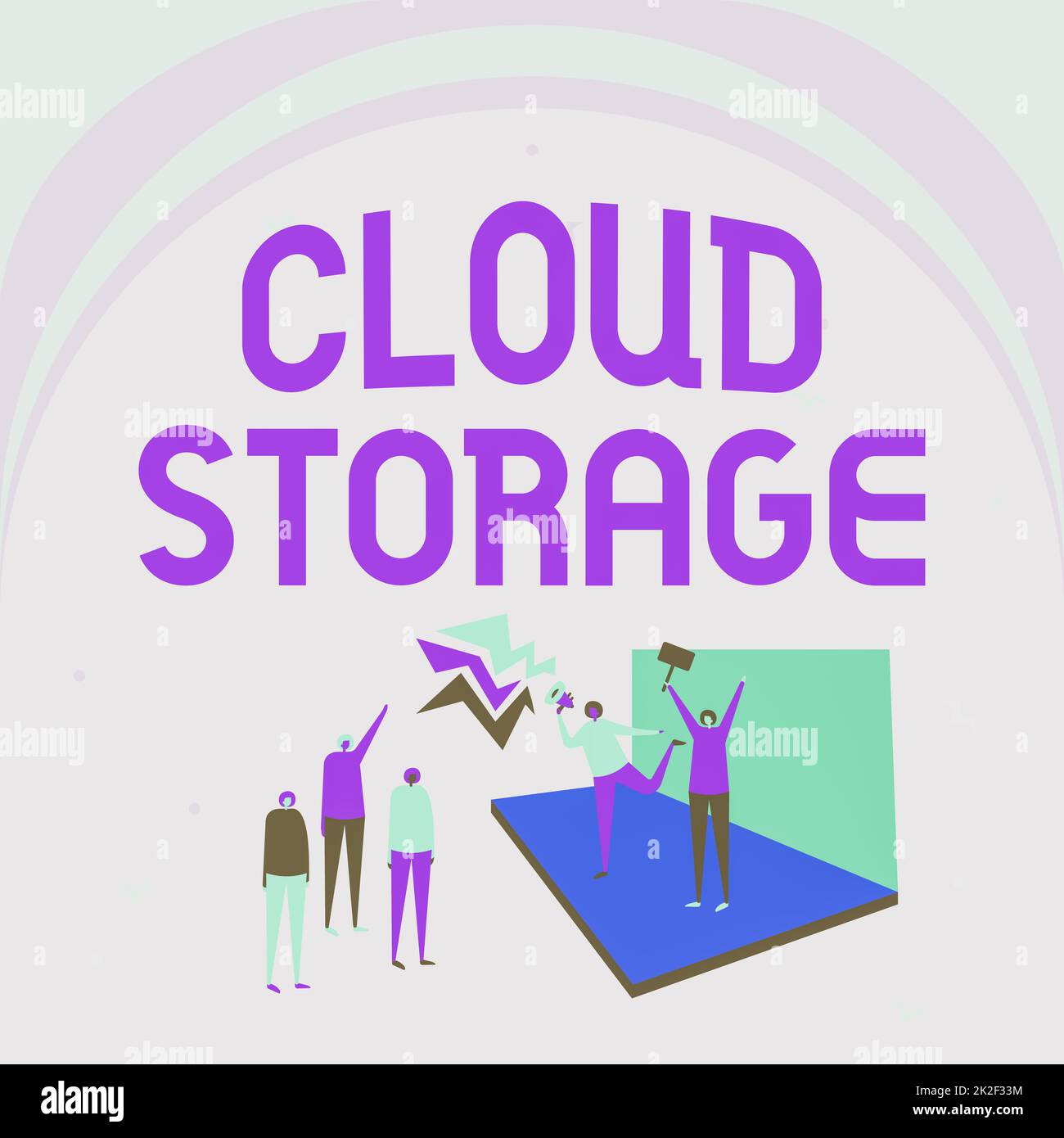 Conceptual display Cloud Storage. Business showcase the digital data is stored and managed in logical pools Illustration Of Couple On Stage Making Announcement To The Small Crowd. Stock Photo