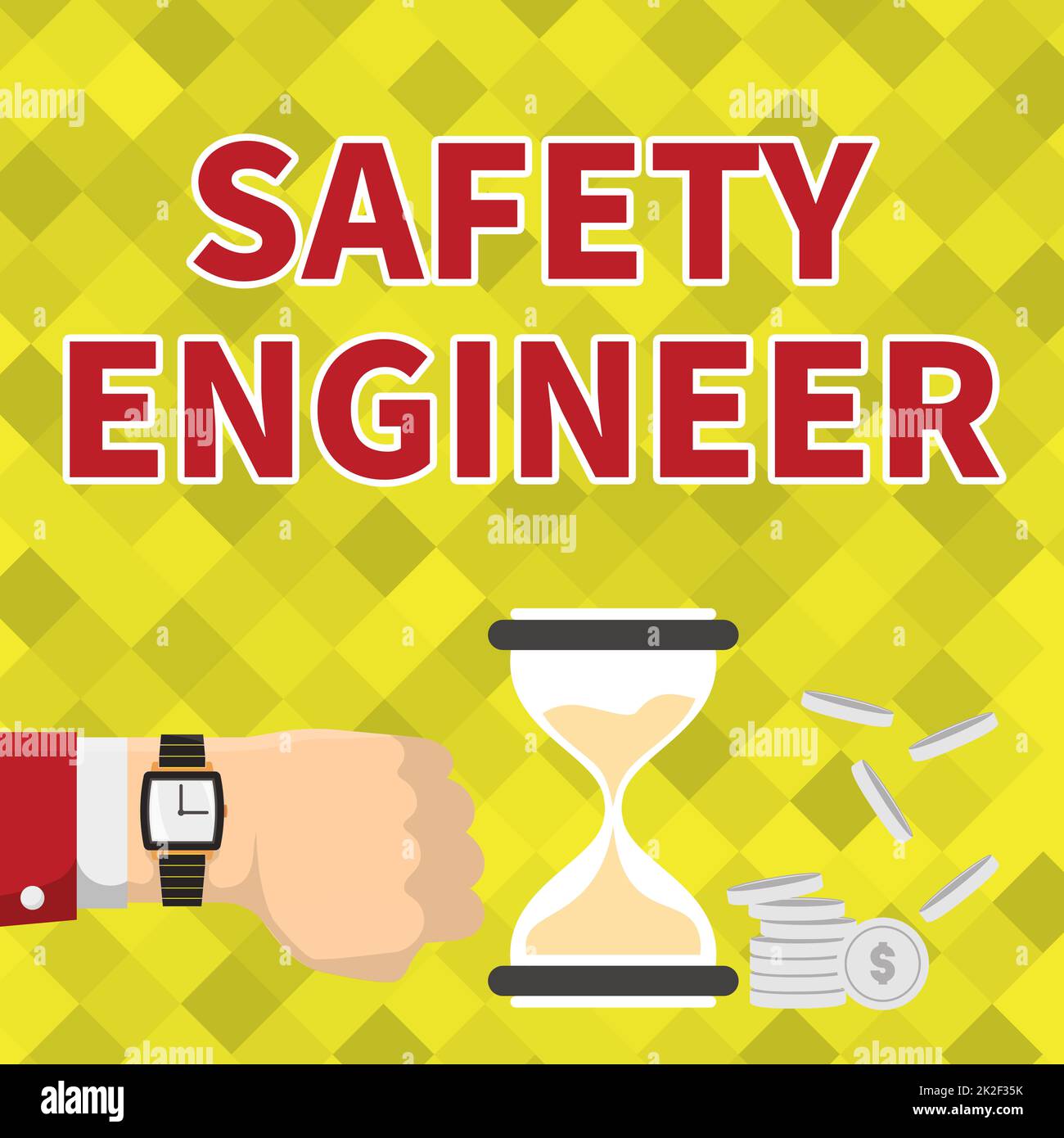 Hand writing sign Safety Engineer. Concept meaning person who inspects all possible danger spots in a factory Businessman Using Wristwatch Showing Hourglass Indicating Valuable Measures. Stock Photo