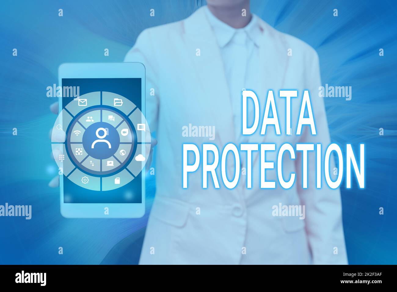 Conceptual display Data Protection. Business showcase Protect IP addresses and personal data from harmful software Lady Pressing Screen Of Mobile Phone Showing The Futuristic Technology Stock Photo