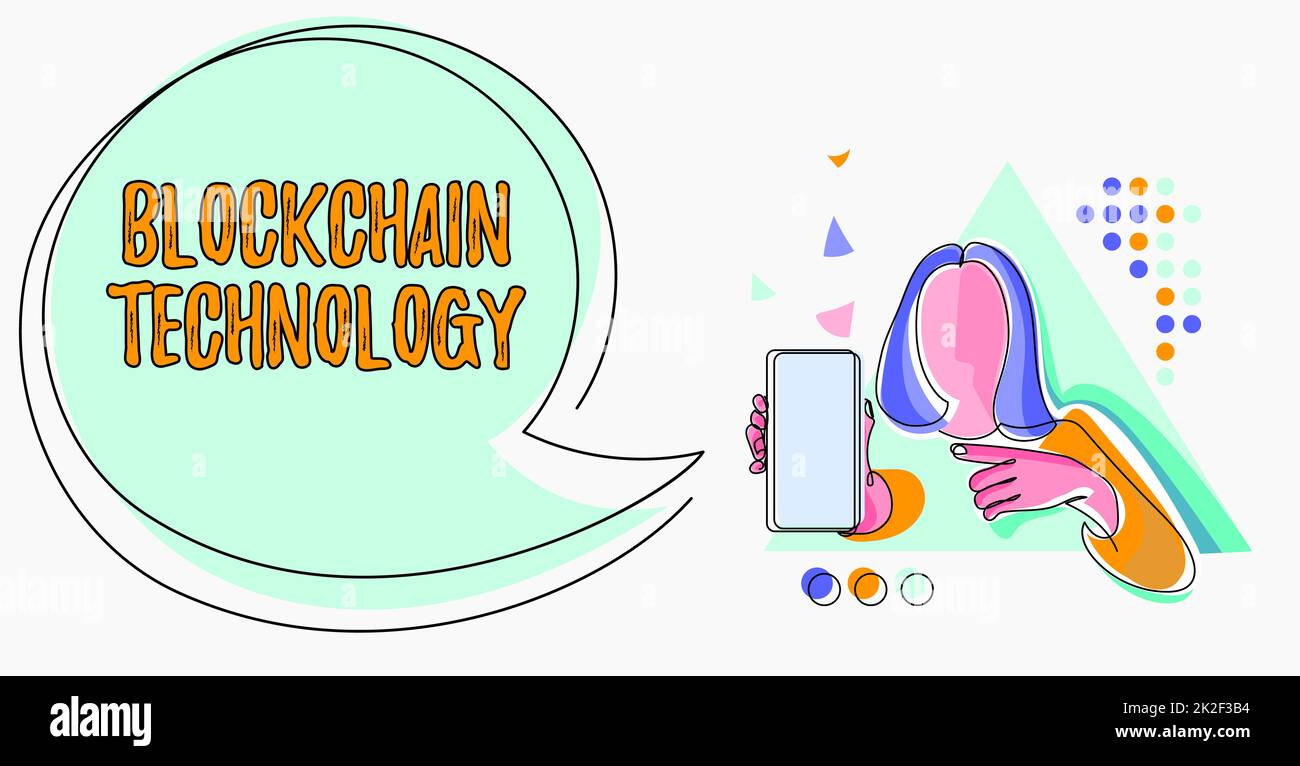 Conceptual caption Block Chain Technology. Business concept Digital ledger stored in a distributed network Line Drawing For Lady Holding Phone Presenting New Ideas With Speech Bubble. Stock Photo