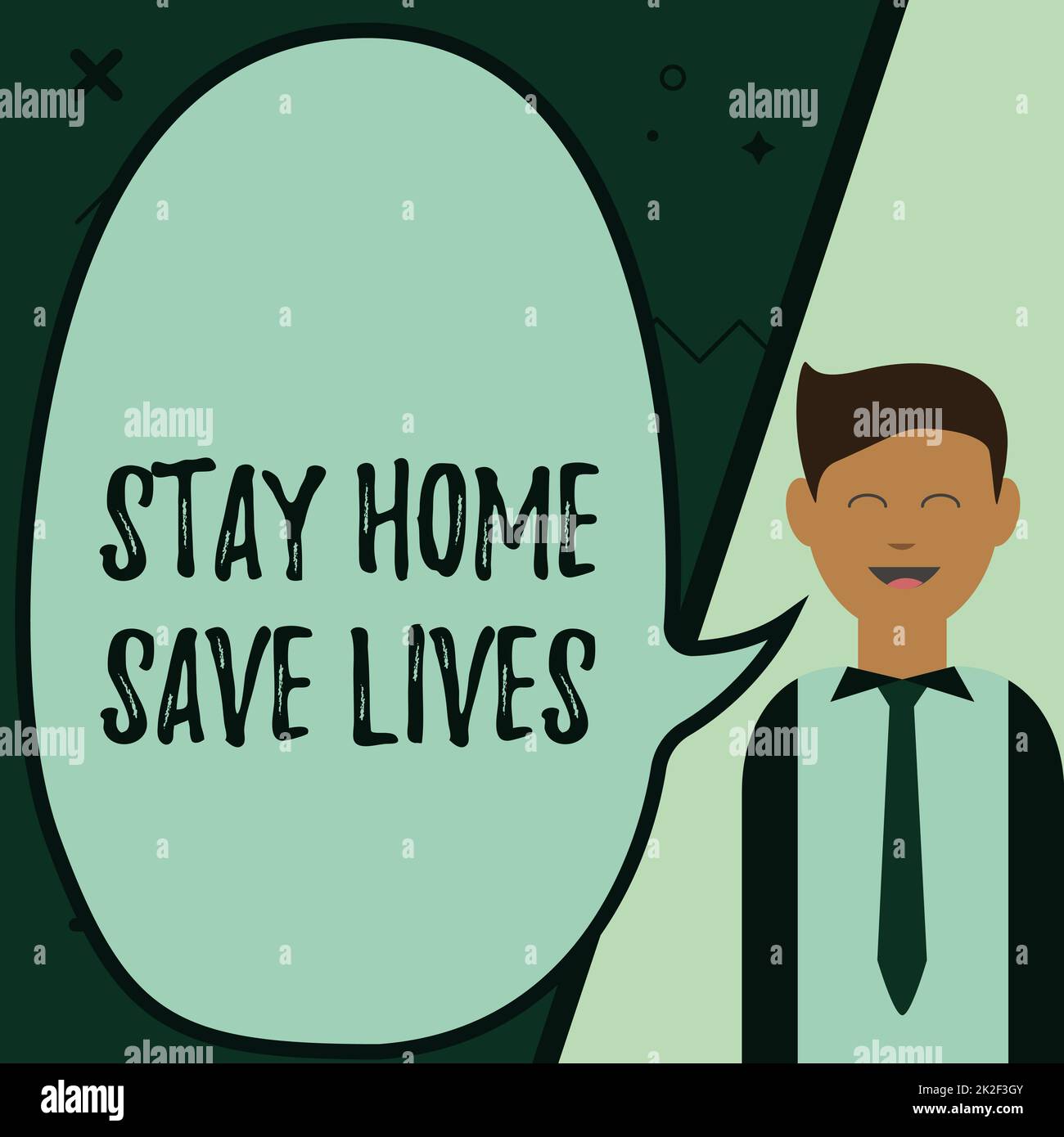 Text caption presenting Stay Home Save Lives. Business approach lessen the number of infected patients by not leaving the house Illustration Of Businessman Presenting Ideas To Empty Chat Cloud. Stock Photo