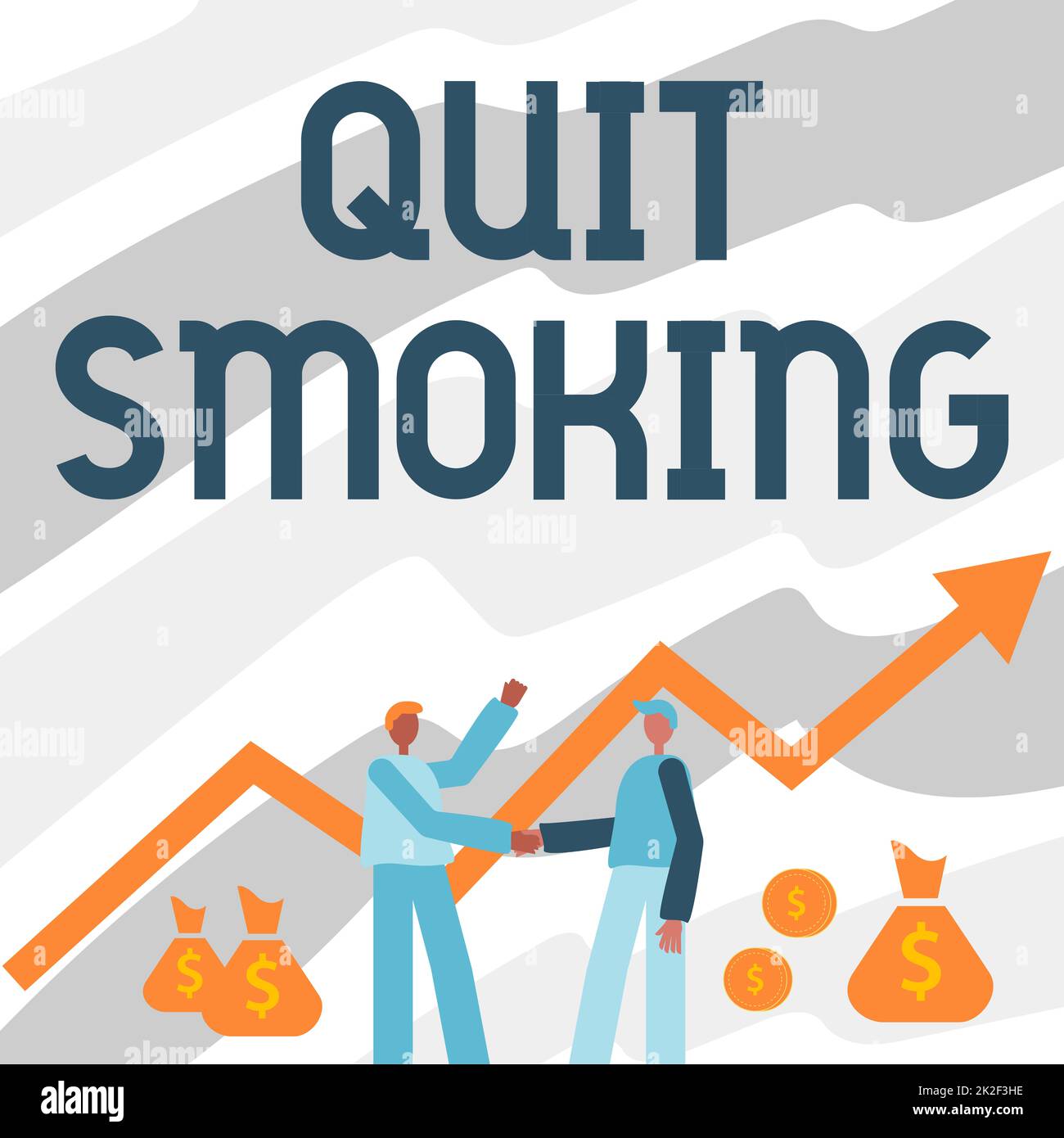 Hand writing sign Quit Smoking. Concept meaning process of discontinuing tobacco and any other smokers Two Men Standing Shaking Hands With Financial Arrow For Growth And Money Bags. Stock Photo