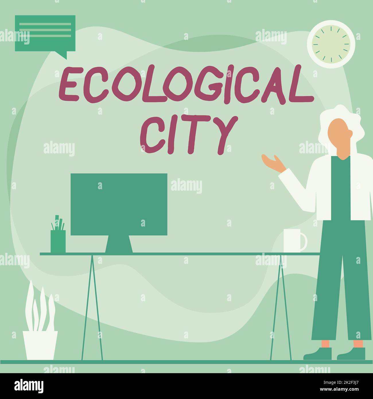 Conceptual display Ecological City. Word for human settlement modeled on the selfsustaining structure Woman Standing Office Using Laptop With Speech Bubble Beside Plant Vase. Stock Photo