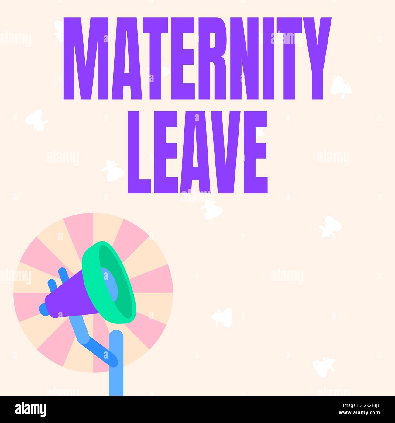 Conceptual caption Maternity Leave. Word for the leave of absence for an expectant or new mother Illustration Of Pole Megaphone With Sun Raises Making Announcements. Stock Photo