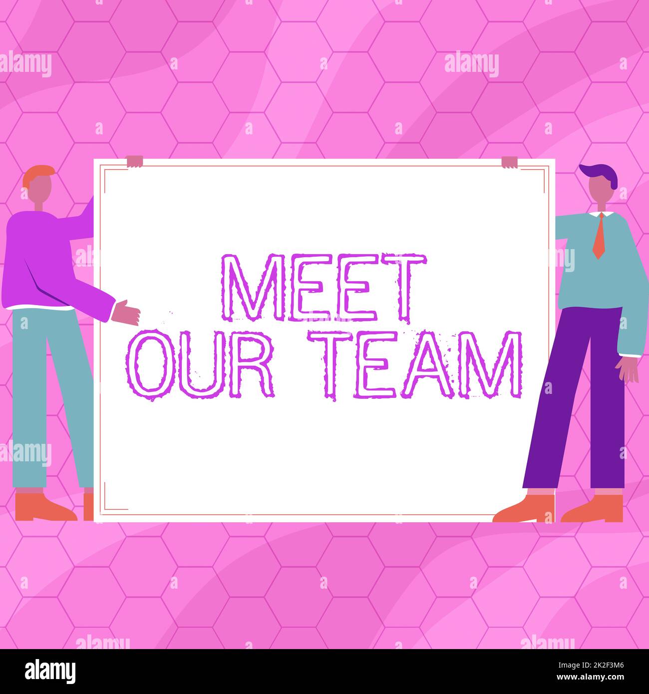 Hand writing sign Meet Our Team. Word for Presentation of a teamwork Meeting with group of showing Two Men Drawing With Empty Paper Background Presenting New Ideas. Stock Photo