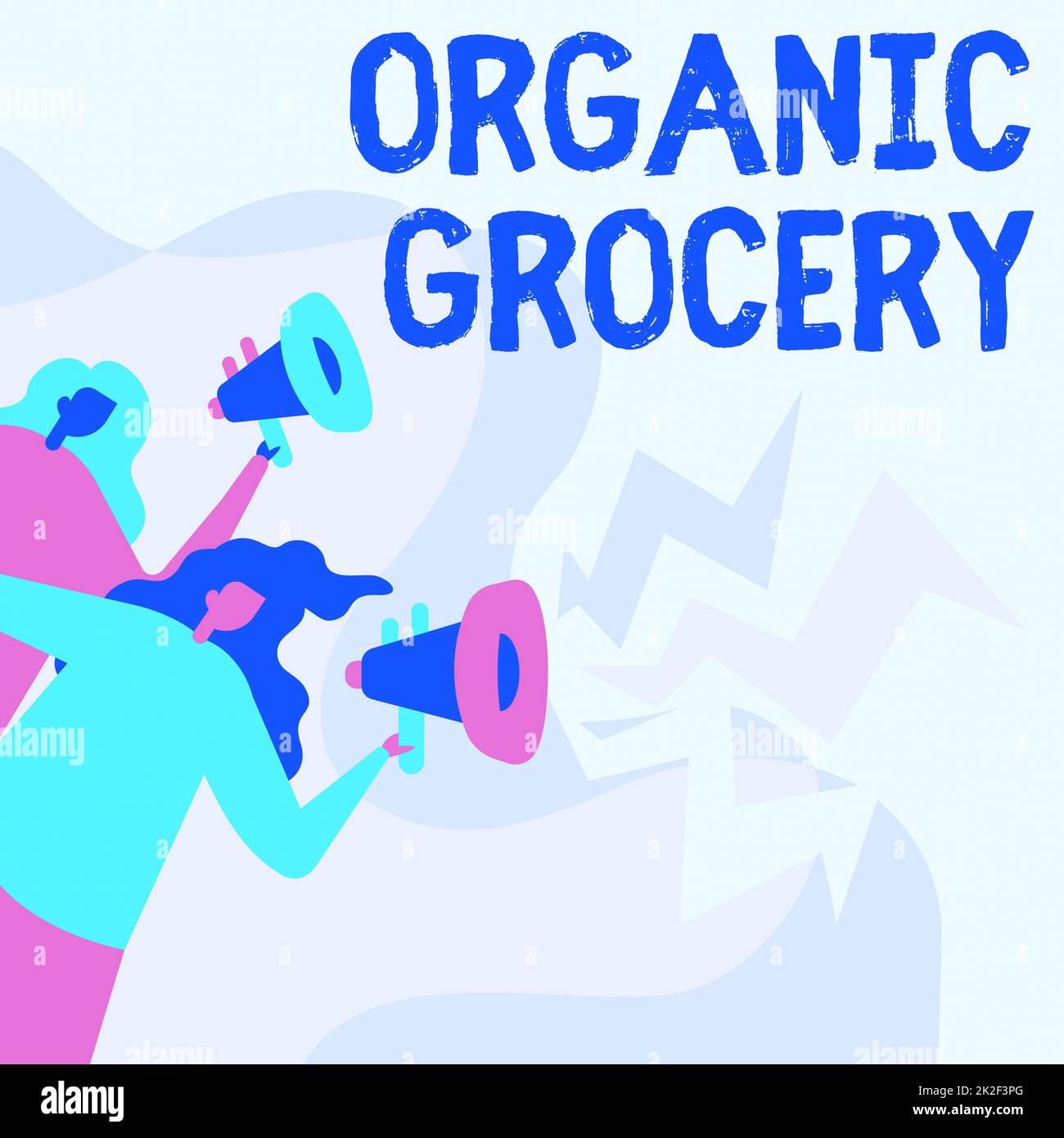 Text caption presenting Organic Grocery. Business concept market with foods grown without the use of fertilizers Women Drawing Holding Megaphones Making Announcement To The Public. Stock Photo