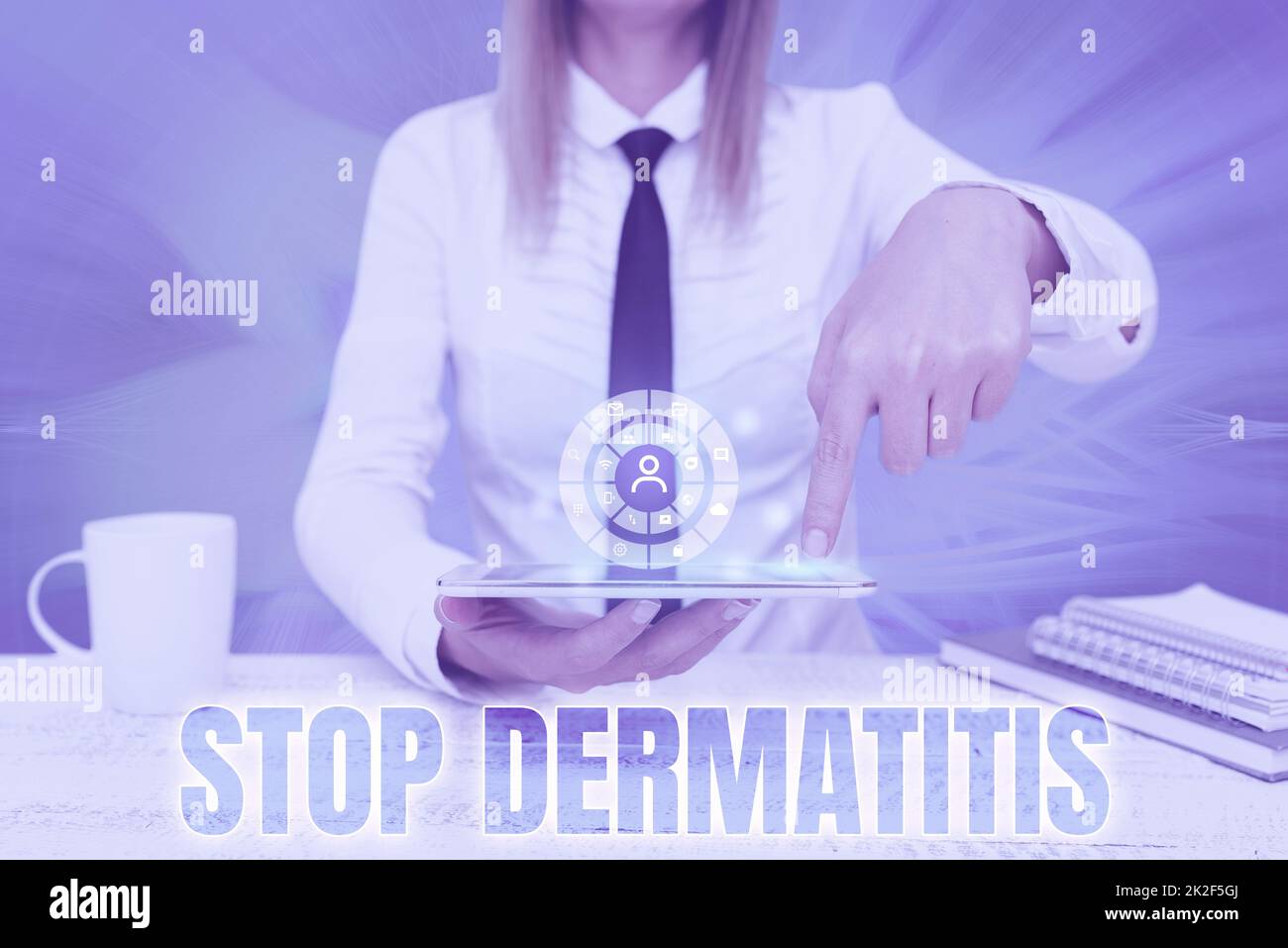 Handwriting text Stop Dermatitis. Concept meaning Put an end in irritation caused by touching something Lady Pressing Screen Of Mobile Phone Showing The Futuristic Technology Stock Photo
