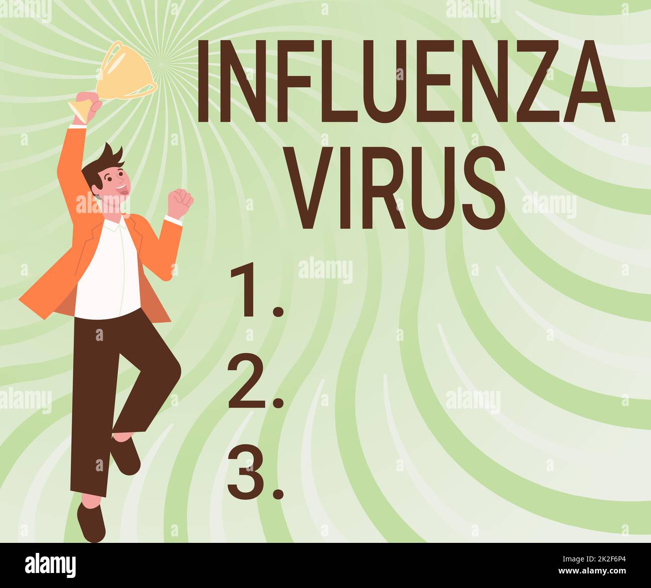 Handwriting text Influenza Virus. Business concept an infectious disease caused by an influenza virus Gentleman Jumping Excitedly Holding Trophy Showing Accomplishments. Stock Photo
