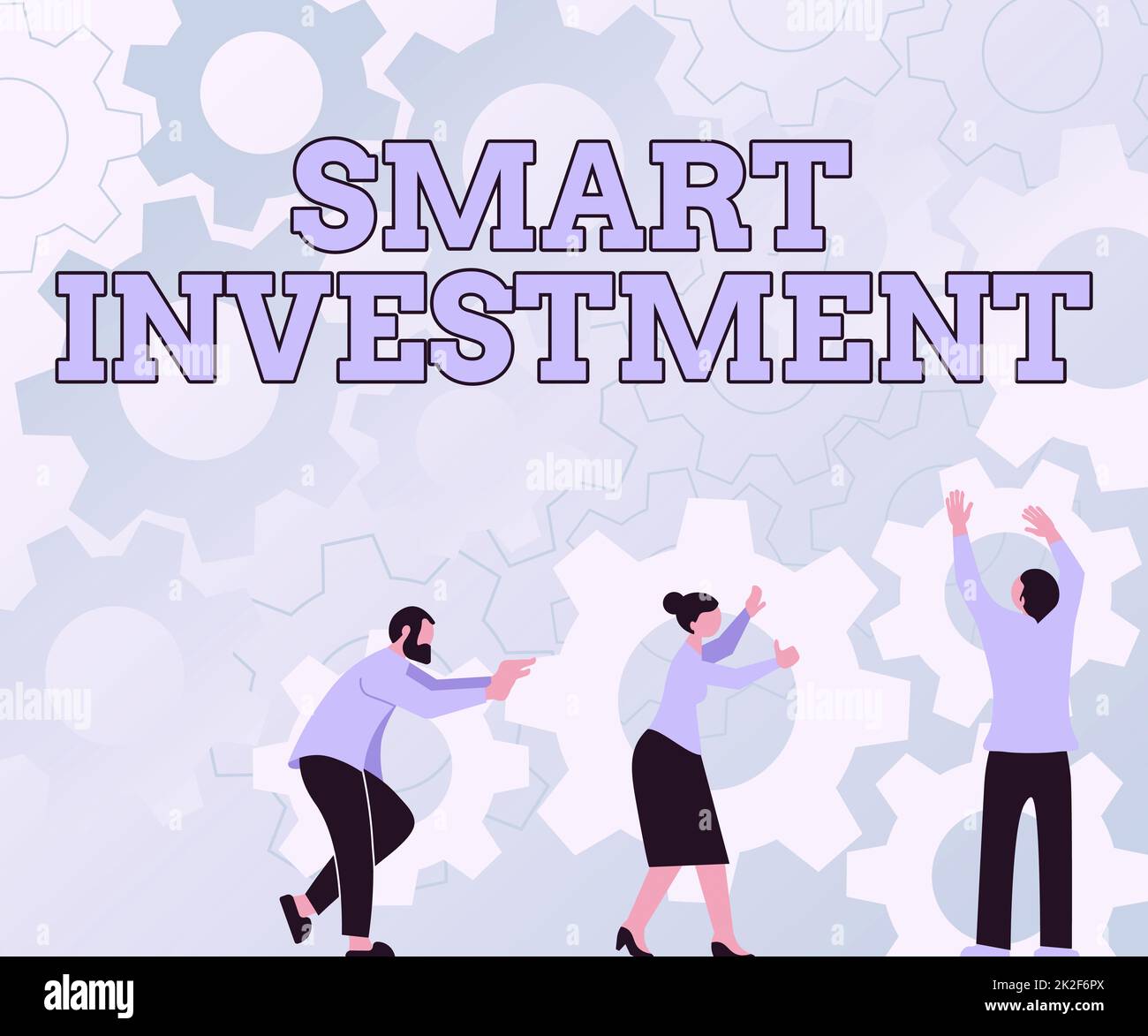 Conceptual display Smart Investment. Word Written on Allocating funds to an asset or committing capital Colleagues Carrying Cogwheels Arranging New Workflow Achieving Teamwork. Stock Photo