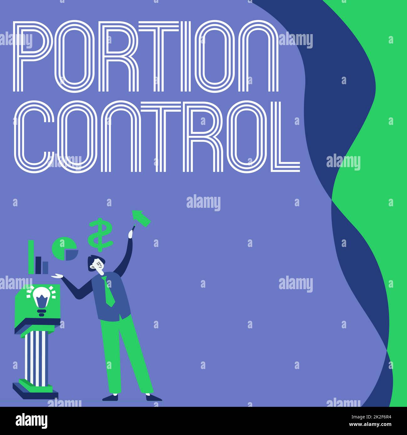 Writing displaying text Portion Control. Concept meaning knowing the correct measures or serving sizes as per calorie Manstanding Alone Presenting Charts And New Financial Ideas With Podium. Stock Photo