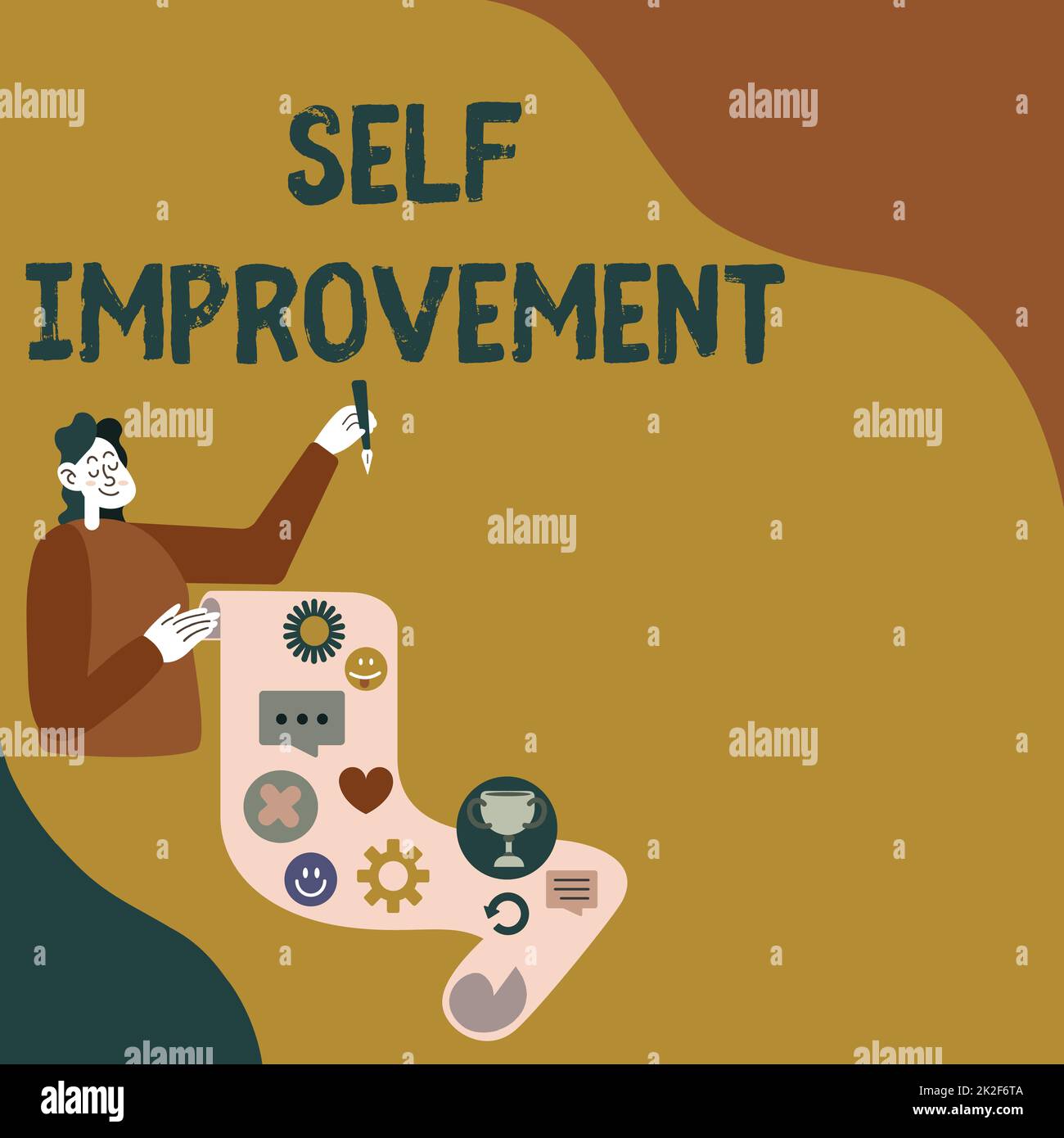 Hand writing sign Self Improvement. Word for process of making yourself a better or more knowledgable Lady Presenting Paper Showing Her Accomplishments Goals Project Ideas. Stock Photo