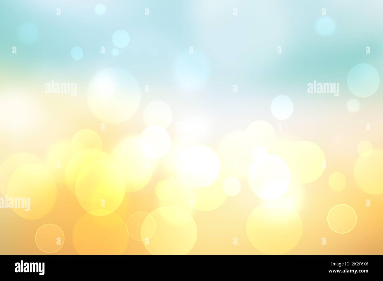 Hello spring background. Abstract delicate bright spring or summer landscape texture with natural yellow white bokeh lights, sunshine and blue sky. Beautiful backdrop with space. Stock Photo