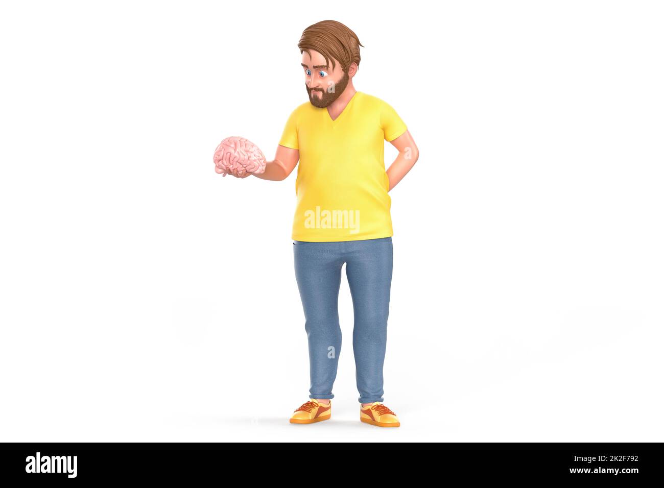 Thoughtful man holding human brain model. 3D illustration Stock Photo