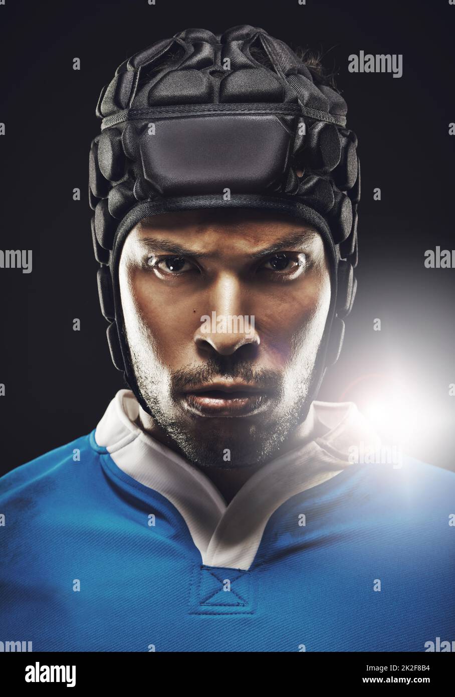 Game on. Cropped studio portrait of a determined young rugby player. Stock Photo