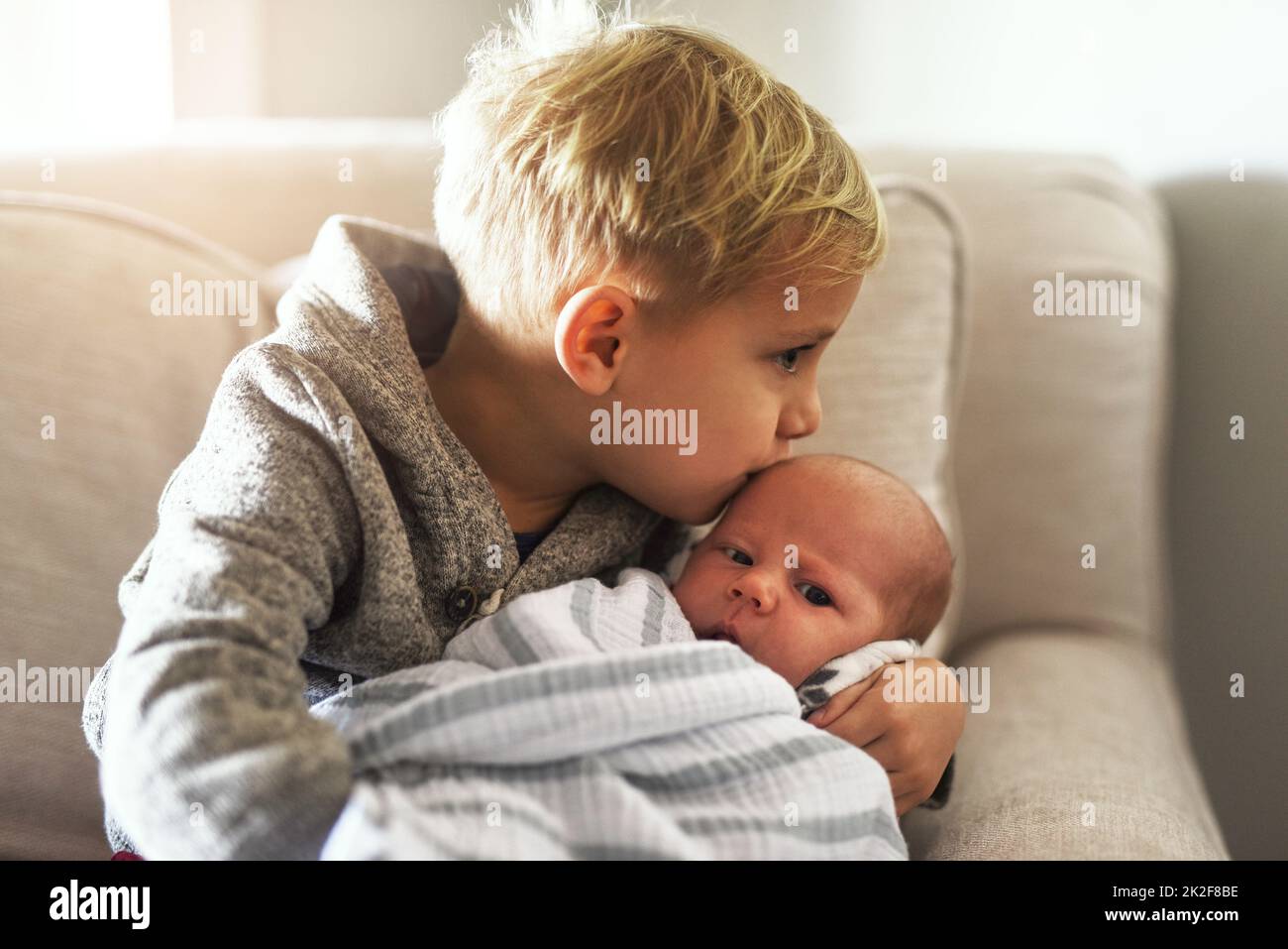 Too much cuteness. Shot of a cheerful little boy holding his little infant brother and giving him a kiss on the forehead while being seated on a sofa at home during the day. Stock Photo