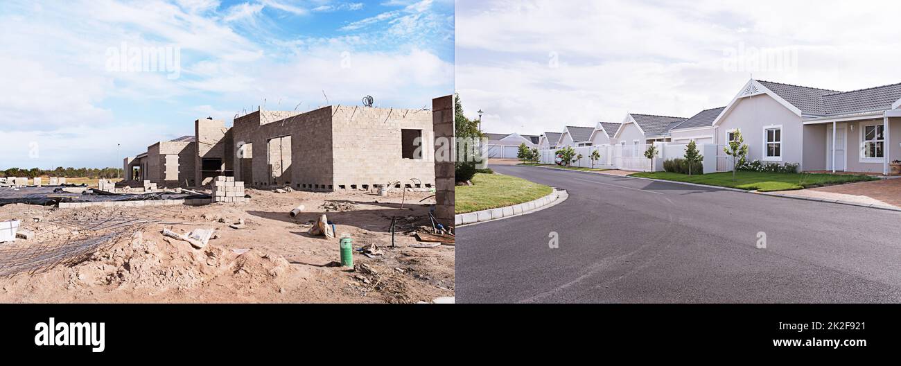 Before and after shot of homes being built in the suburbs - The house designs displayed in this image represent a simulation of a real product and have been changed or altered enough by our team of retouching and design specialists so that they are free o Stock Photo